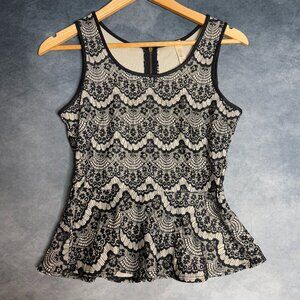 Vintage Y2k Womens Small Lace Sleeveless Biege Black Preppy Tank Top